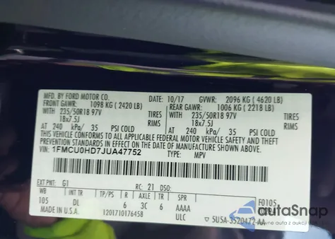 2018 Ford Escape Sel from USA, damaged, VIN 1FMCU0HD7JUA47752